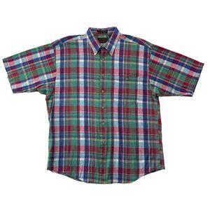 VTG 1980s Eddie Bauer Superior Madras Plaid Button Up Shirt SS Mens XL Preppy